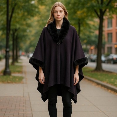 Witchy Black Fur Trim Poncho Vintage 80s Mob Wife Gothic Glam Whimsygoth