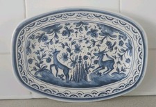 Portuguese Coimbra Pottery Hand Painted Oblong Plate Deers At Play. Signed