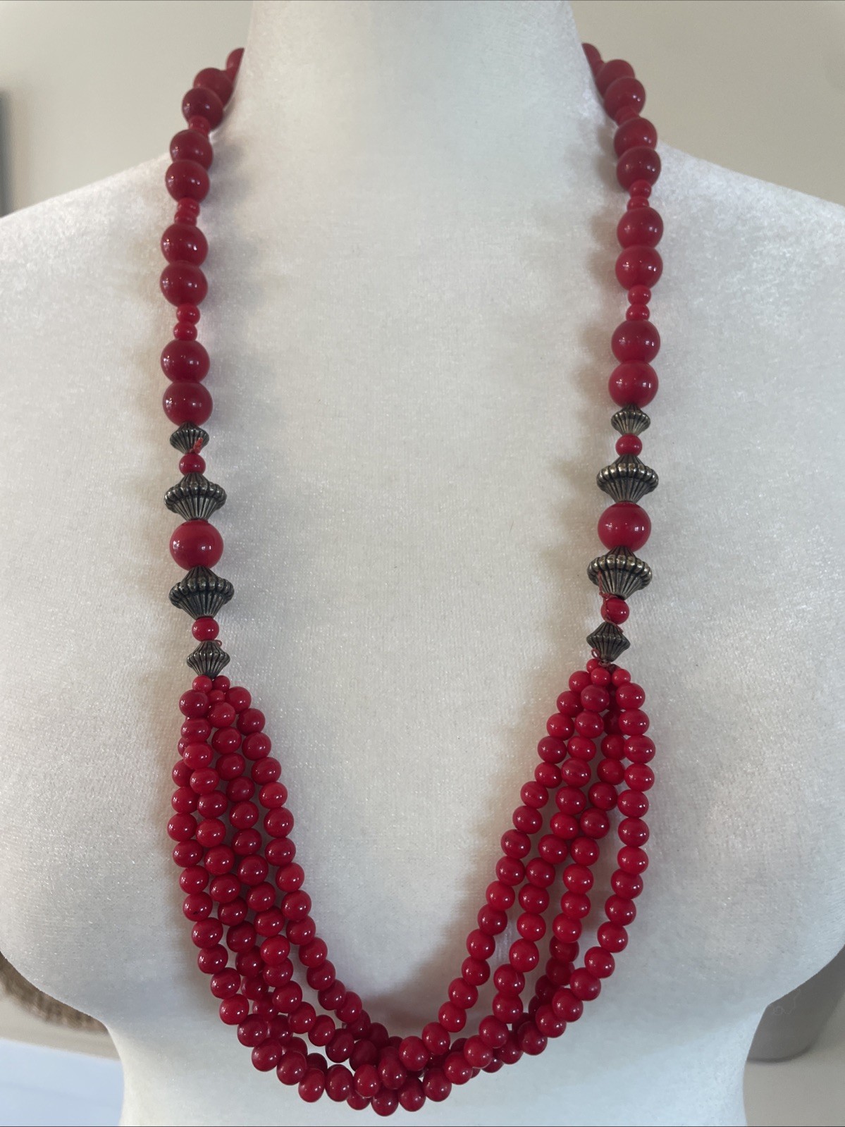 VTG Red Multi-Strand Beaded Statement Necklace Y2… - image 2