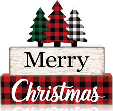 Merry Christmas Decorations Trees Buffalo Plaid Wooden Sign Indoor Tabletop 3Pcs