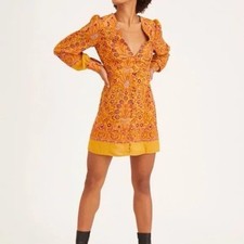 Urban Outfitters Michelle Orange Floral Long Sleeve Mini Dress Boho Mod S