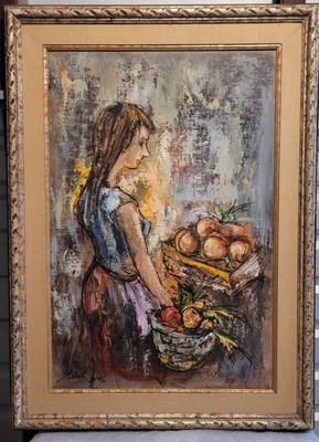 フランス アンティーク Oil painting 1955 油絵 🔥Fine Vtg Old Paris French Impressionist Woman Fruit Market Oil