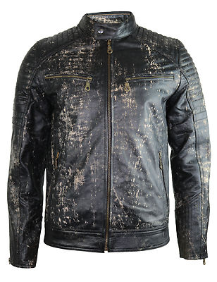 Herren Retro Biker Lederjacke Motorrad Jacke gesteppte Schultern