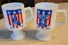 Vintage 1776-1976 USA American Bicentennial Glassbake Milk Glass Footed Mugs
