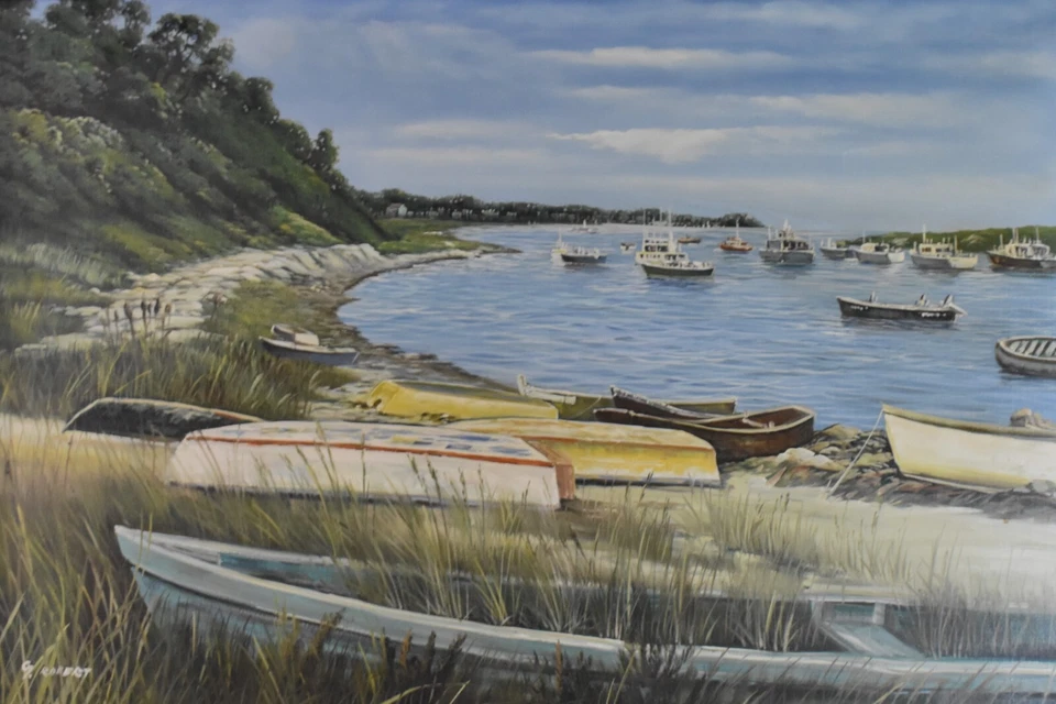 Vtg. G. ROBERT, original oil on canvas painting, fishing boat port, 29" x 41" - Image 2 of 4