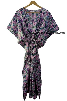pure Cotton Loose Short Sleeve Floral Print White Free Size gypsy Caftan Dress