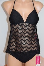 NWT Hula Honey Swimsuit Bikini Tankini 2pc set Sz S Strappy Side Crochet Black