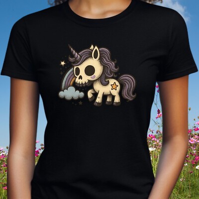 Frauen T-Shirt Gothic Skelett Einhorn Motiv Baumwolle Größe S bis 3XL