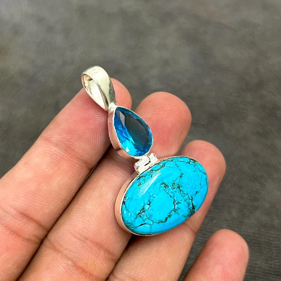 Turquoise Pendant Gemstone 925 Sterling Silver Handmade Jewelry Pendant 2.10" - image 3 of 4