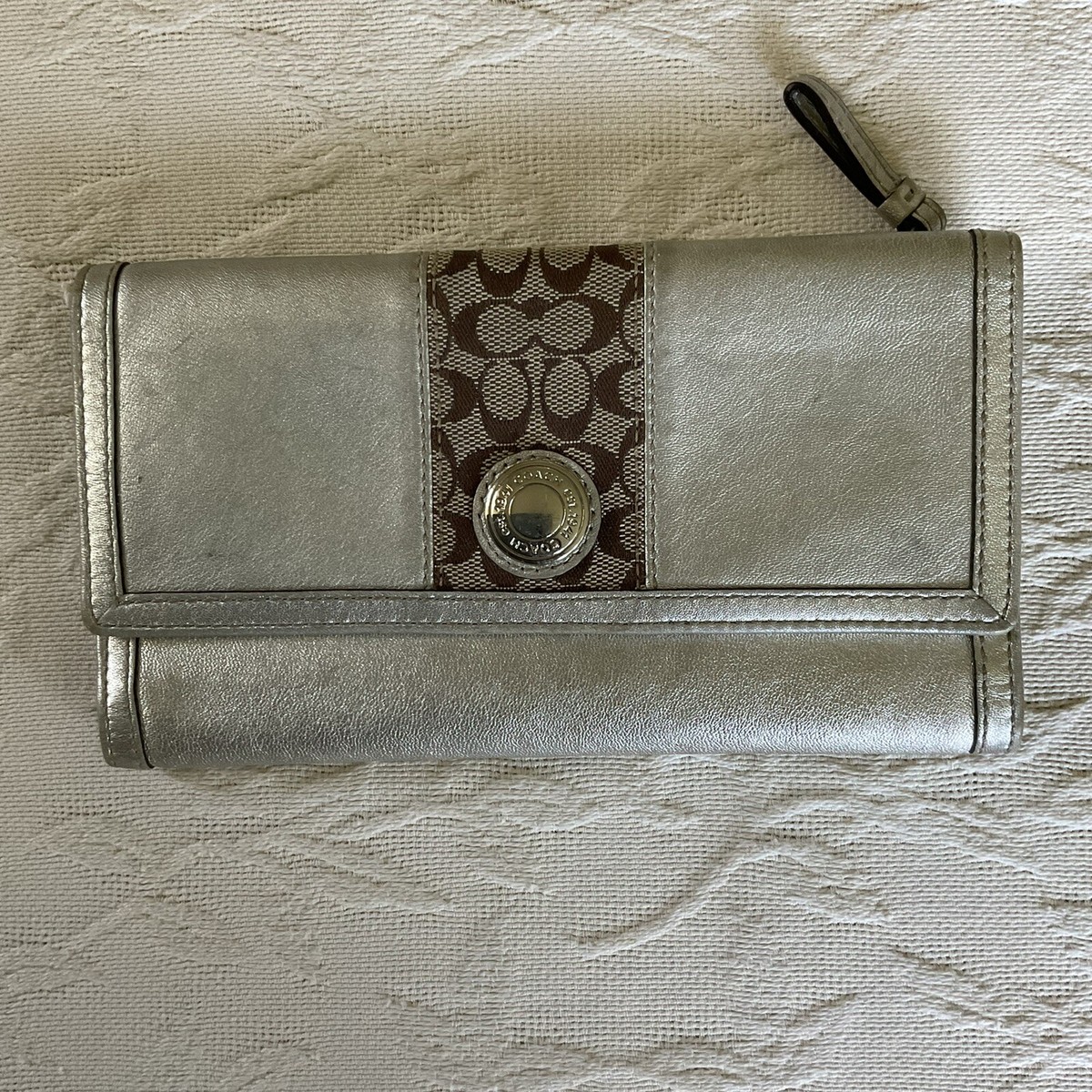 COACH Signature Silver Leather Tri-fold Wallet w/ Coin Purse