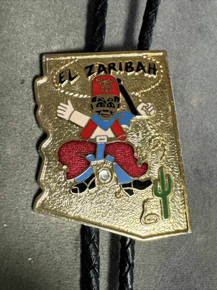 VTG 1982 EL ZARIBAH STATE OF ARIZONA GOLDEN METAL SHRINER BOLO TIE LEATHER - Image 3 of 4