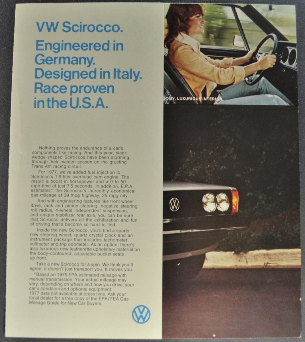 1977 Volkswagen Scirocco Coupe Sales Brochure Folder Excellent