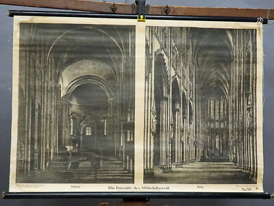 Schulwandkarte Baustile des Mittelalters Dom Mainz Köln Rollbild Kirchenschiff