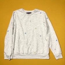 Gloria Vanderbilt Womens M Crew Neck Gray Embroider Flowers Polyester Sweatshirt