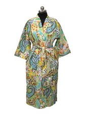 Indian Handmade Beige Multi Paisley Printed Cotton Kimono Paisley Print Kimono