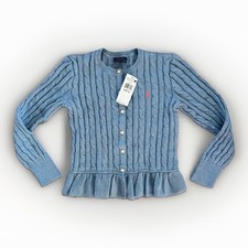 BNWT Polo Ralph Lauren Girls BLUE Cable Knit PEPLUM Cardigan Sweater M 8-10