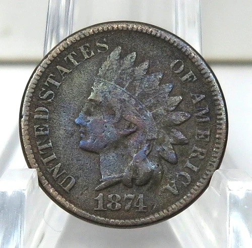 1874 Indian Cent Grades Very Good W/ Tones of Iridescent Blue    Grainy Surfaces