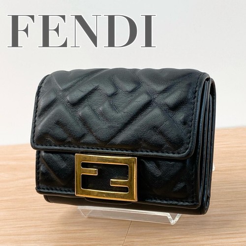 FENDI Baguette Micro Tri-fold Wallet Champagne Gold FF Metallic excellent gift