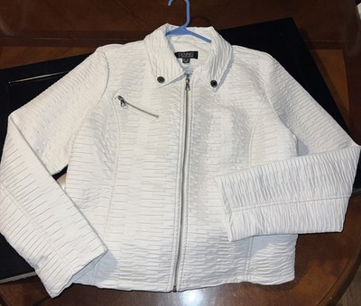 Dennis Basso Womens Faux Leather Moto Jacket White Textured Full Zip