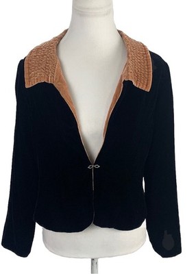Soft Surroundings Black Velvet & Copper Satin Jacket Size S- Rhinestone Closure