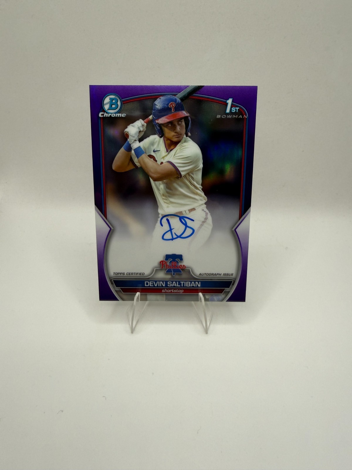 2023 Bowman Draft Devin Saltiban Chrome Auto Purple Refractor 1st /250