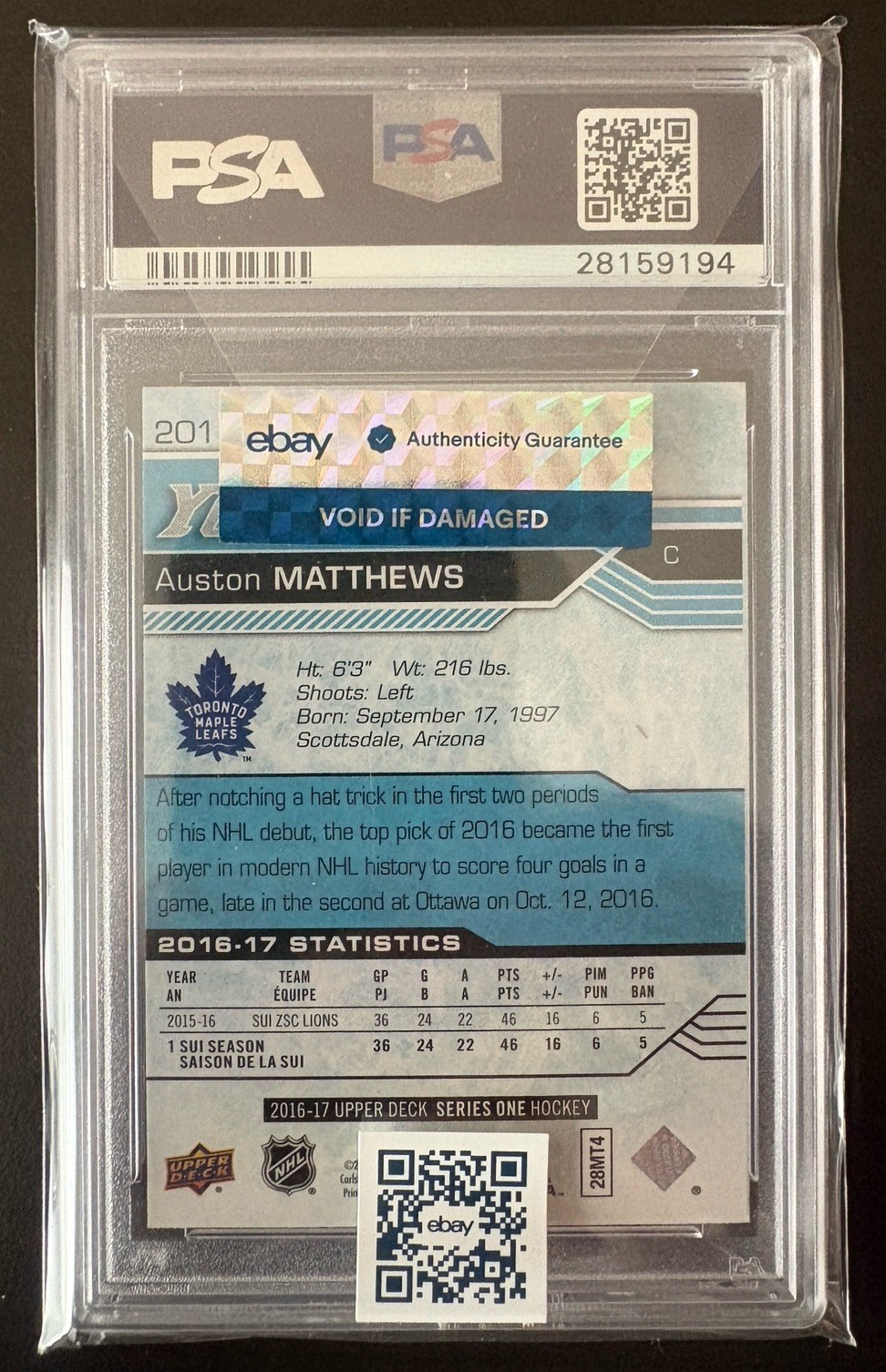 2016 Upper Deck Auston Matthews #201 Young Guns Rookie PSA 7 view 2