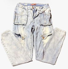 Light blue denim cargo jeans with multiple front flap pockets
