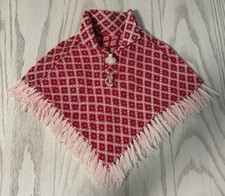 Vintage Handmade Fabric Toddler Fringed Red  White Metal Zip Poncho Boho