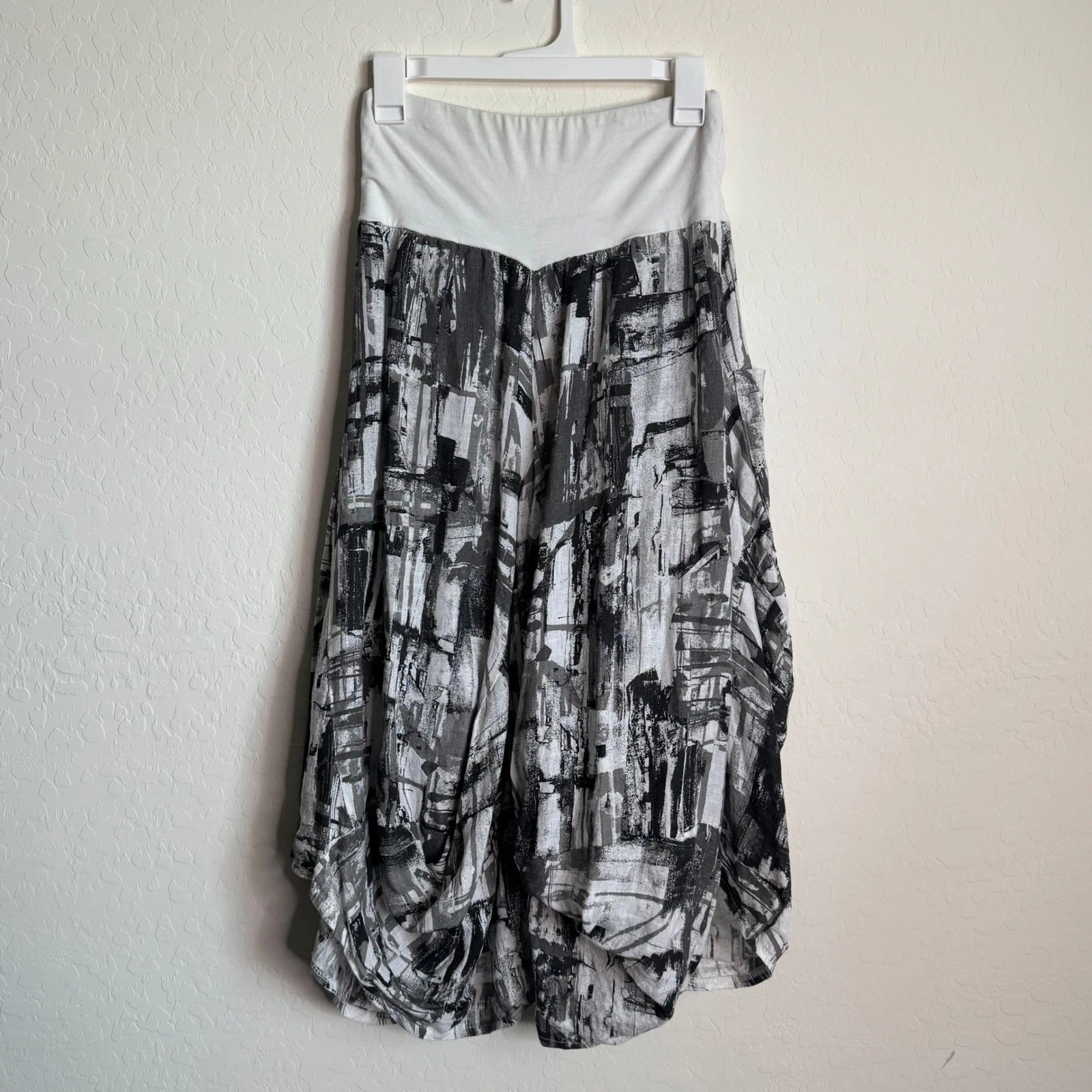 INIZIO Skirt Womens Abstract Linen Lagenlook Pocket Midi Artsy Boho Large