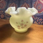 Fenton Ruffled Custard Satin Rose Bowl w/ Pink Daisies Vase Hand Painted Signed