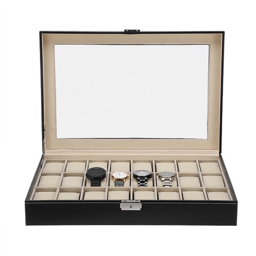 24 Slots Watch Box PU Leather Watch Case Organizer Watch Display Case Lockable - Picture 3 of 18