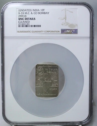 India 10 Tolas M.C & CO Bombay 4oz 999 Silver Rectangular Coin NGC UNC Detail
