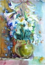 WATERCOLOR PAINTING AQUARELLE HAND PAINTED LILY FLOWERS.