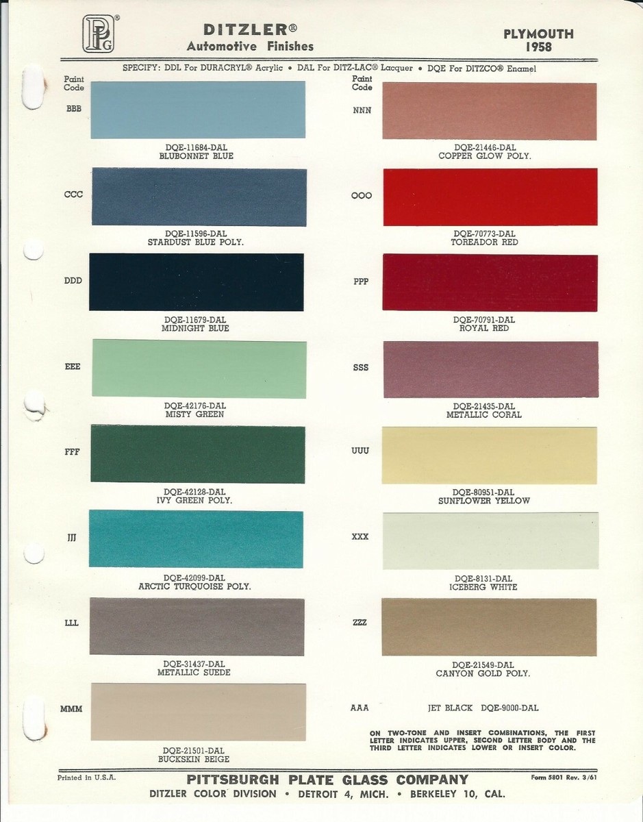 1958 PLYMOUTH FURY BELVEDERE PAINT CHIPS (DUPONT & DITZLER) | eBay