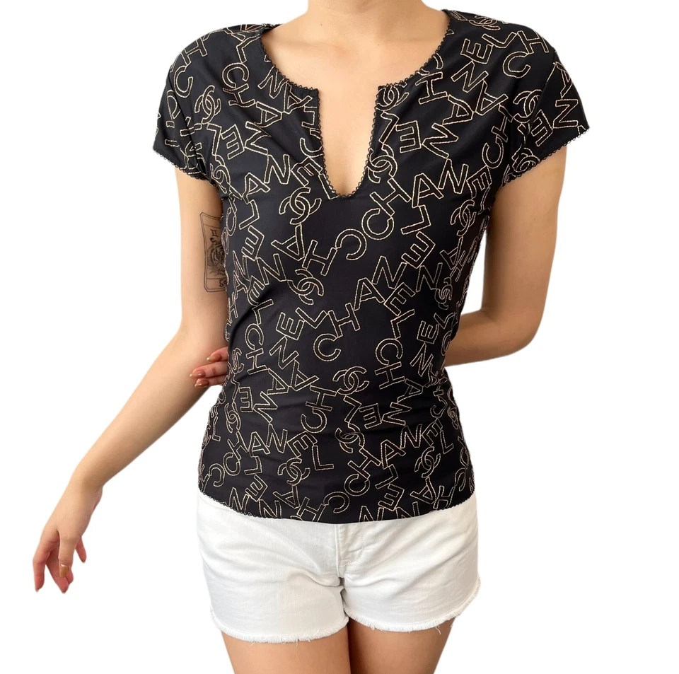 CHANEL Vintage 05A CC Logo Short Sleeve Top #40 V-neck Black Stitch Polyamide - Image 4 of 4