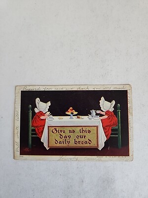 Vintage SUNBONNET GIRLS Twins Postcard Give Us This Day Our Daily Bread 1906