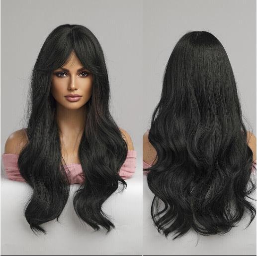 Black Synthetic Hair Wigs with Bangs Natural Long Wavy Wig  display picture 3
