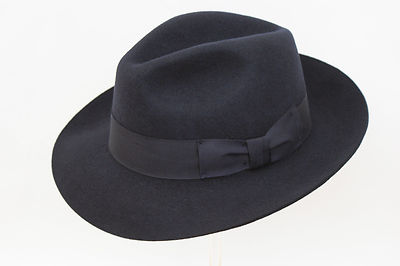 Herren Marineblau 100 % Wolle handgefertigte breitere Krempe Filz Fedora Trilby Mütze mit Band