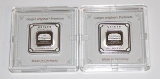Two 10 Gram Geiger Bars In Assay .999 Fine Silver Germany Edelmetalle