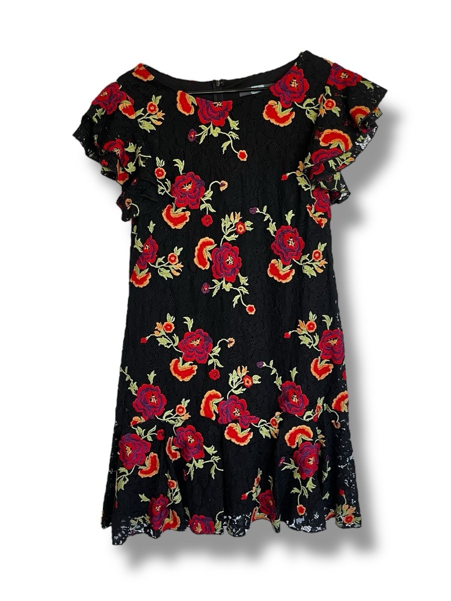 Eva Franco Anthropologie Dress Black Lace Overlay Embroidered Flower  Flamenco 12