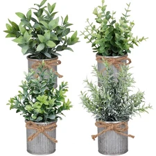 Set of 4 Small Artificial Plants Fake Potted Greenery with Iron Pot Decor