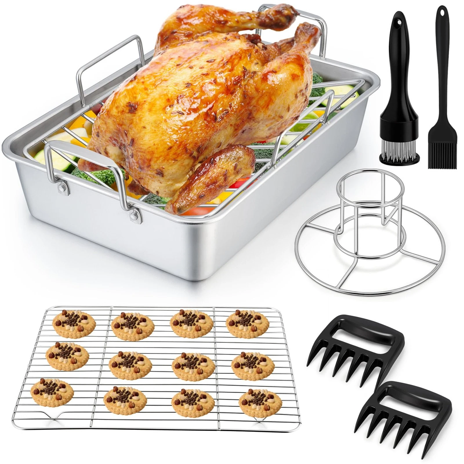 Roasting Pan Set (8 PCS), 14 Inch Stainless Steel Turkey Roaster Pan, Flat & ...