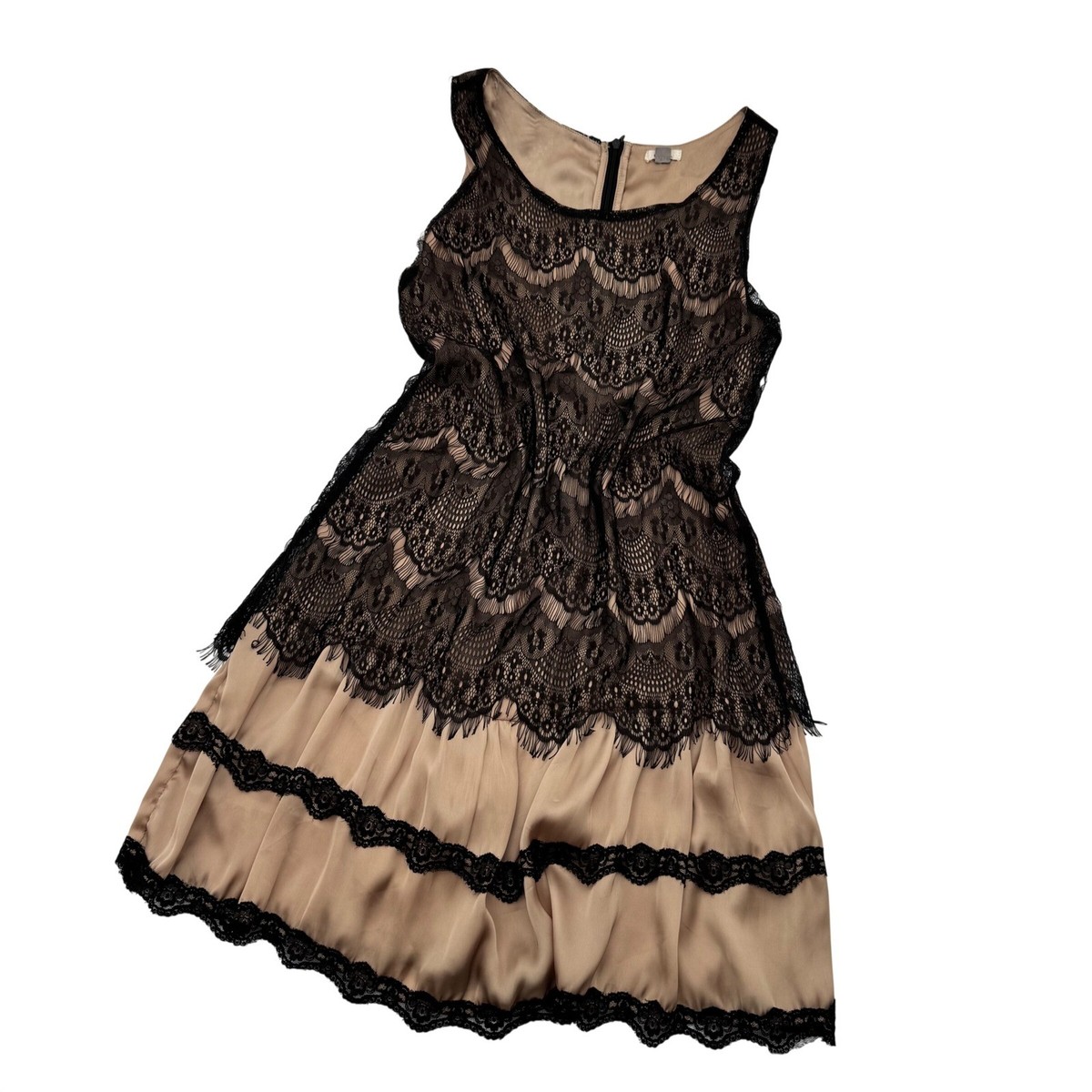 Fossil Womens Black Lace Tan Satin Tiered Sleeveless Cocktail Dress Size S