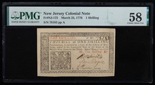March 25, 1776 New Jersey 1 Shilling Colonial Note, NJ-175, PMG Choice AU 58