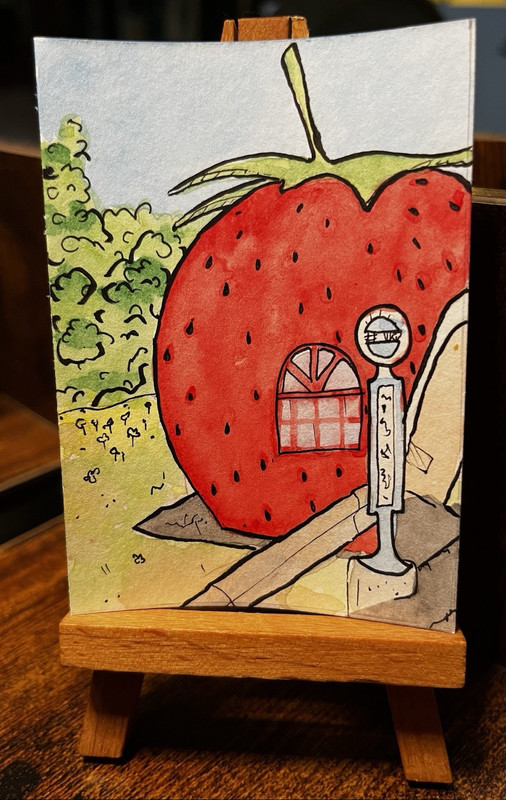 ACEO Original: Abstract Japanese Strawberry Bus Stop Watercolor Painting