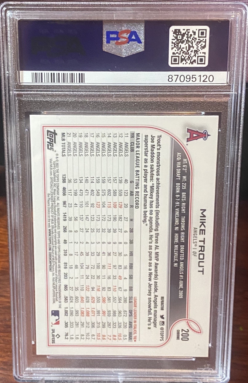 2022 Topps Chrome Mike Trout Refractor #200 Angels PSA 10 GEM MINT! view 2