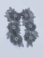 3D Chiffon Flower Floral Corded Lace Applique Steel Gray -8  x 2.75  One Each