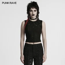 Punk Rave Women Black Gothic Punk Tattered Irregular Ring Vest Slim Fit Tops