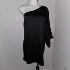 Lulus One Shoulder Satin Dress Solid Black Size Small Assymetrical Club Prom LBD