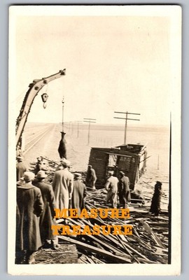 C.1910 RPPC TRAIN CRASH, CRANE LIFTING DEAD COW ? CROWD PHOTO Postcard Q9